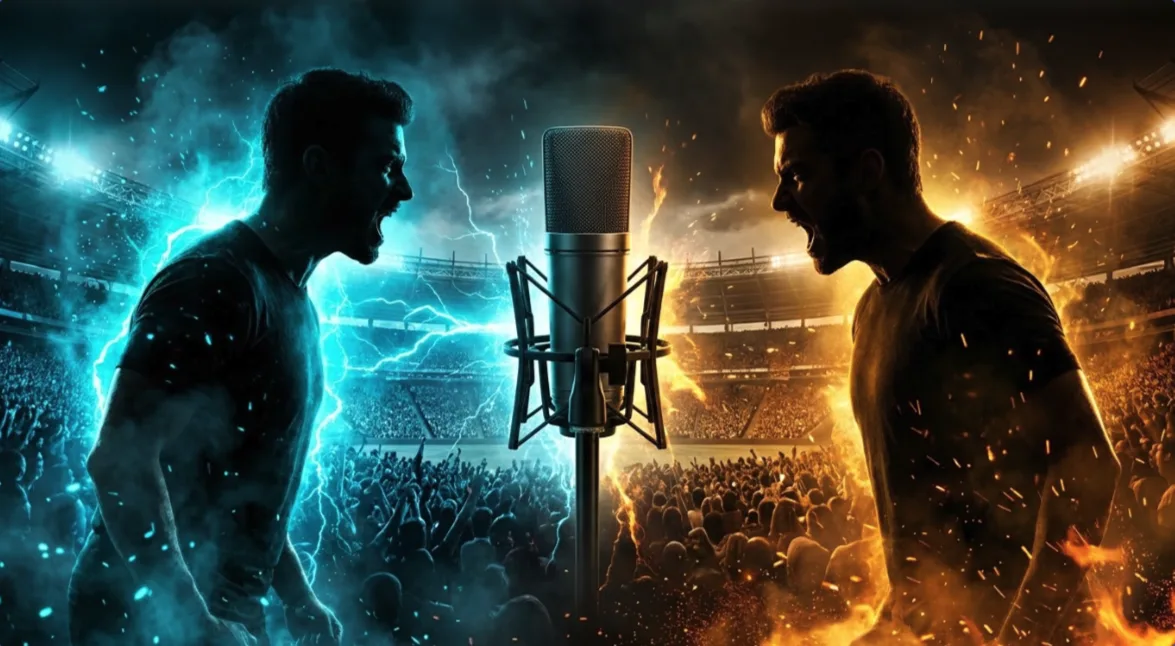 Two fans facing off across a microphone in a packed arena
